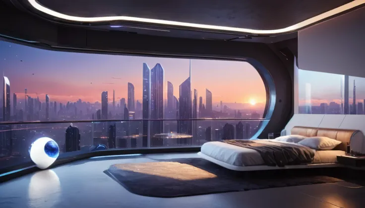 interior design of a sci high-tech bedroom with one glass wall looking out on a high tech highrise city,inside a penthouse, ther...