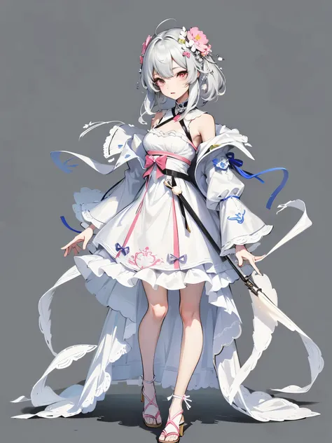 attractive character design,full body portrait,harakami impact,((teens girl)), group of three dresses with flowers, guweiz on ar...