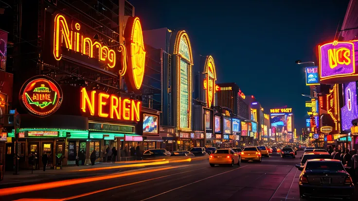 A stunning evening view of the Las Vegas neon district. The sunset casts a warm glow over the city as the neon lights of various entertainment venues and billboards start to shine. The busy streets are filled with people and cars, adding to the dynamic amb...