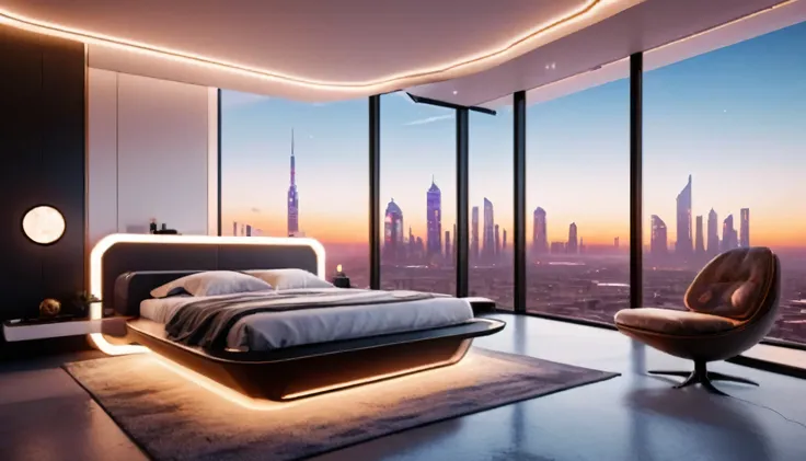 interior design of a sci high-tech bedroom with one glass wall looking out on a high tech highrise city,inside a penthouse, There is a hidden light strip under the levitating bed, desk and outside windows ,a highly realistic alien planet,one glass wall loo...