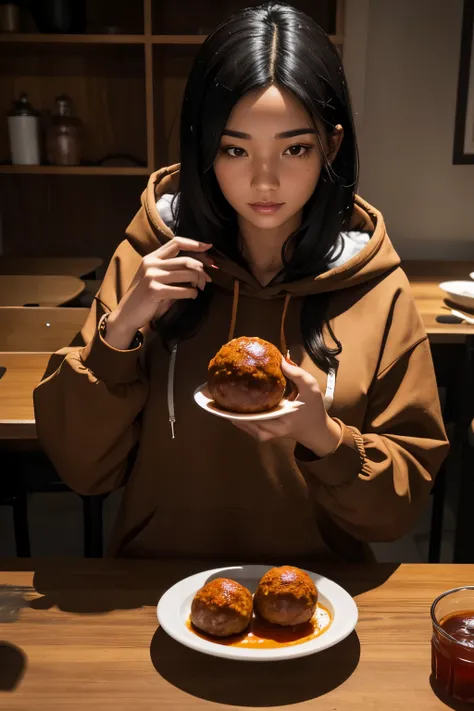 women with black hair, use hand watch, brown hoodie, glowing face, seating on the table eat meat ball with sweet tea ice