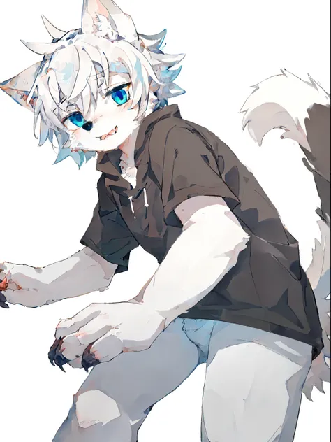 A furry male of a weak beast with white fur and hair everywhere, blue eyes, white fur everywhere, hands and legs with cat like claws, white and short nails, and a furry tail