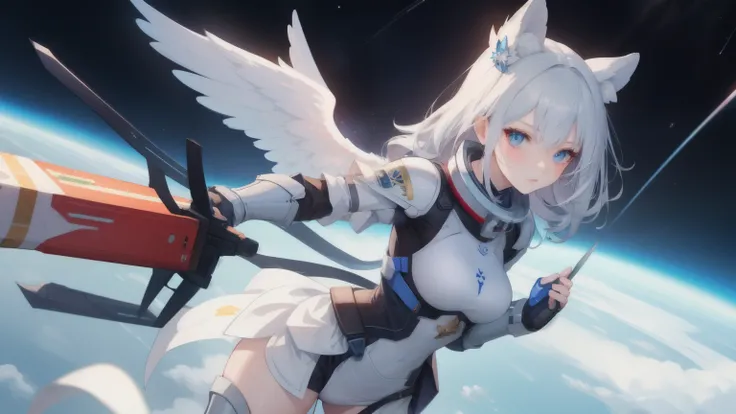 8K，2 d game。mobile game，Fighting girl in armor。Blue-gray hair，Holding weapons，Angel Maiden。Space station in the background。