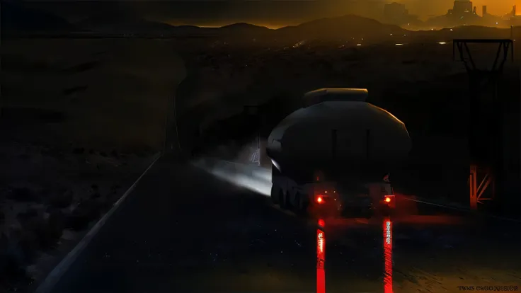 there is a truck driving down the road at night with the sun setting, on a dark desert highway, dramatic lighting. concept art, dramatic lighting sci fi, highly realistic concept art, inspired by Syd Mead, photorealistic dark concept art, syd mead cinemati...