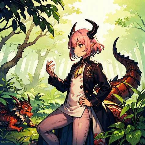 a small male femboy with pink hair dragon horns surrounded and covered by plants in a forest