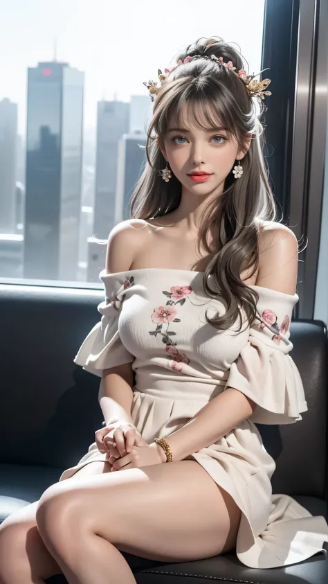 （Girl sitting on sofa in office)、Beauty、 One Girl、alone、Long Hair、Viewer、smile、blue eyes、hair ornaments、、gem、Gray Hair、Shut your mouth、Blunt banganicure、bracelet、lips、Grey Eyes、Portraiture、Red nails、close、Red lips、Put your hands on your face、Place your han...