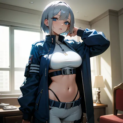 Adult women、Silver Hair、short hair、Blue Eyes、cool、white、black、Belly button exposed、Jacket、Big Breasts、belt、holster、room