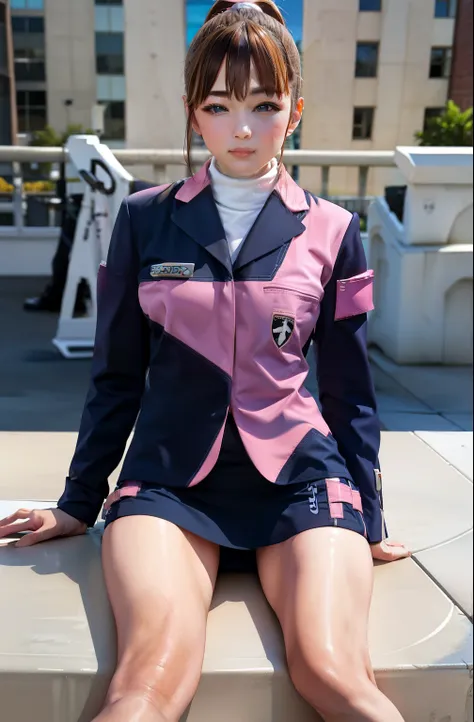 one girl, sayla mass, elegant, tabletop, complex, パンツが見えそうなほど短い超ミニskirtの軍用pink uniformドレス...............、pure white panties、plea...