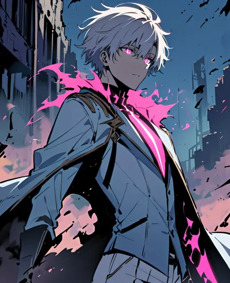 handsome, solo, male, short hair, white hair, glowing pink eyes, ruins, white shirt, white pant, black and white coat, white fla...