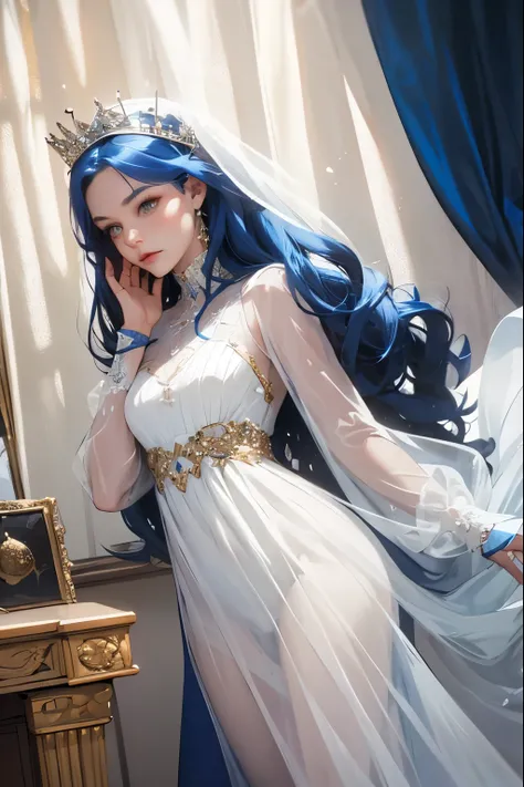 (masterpiece, highest quality), 1 Girl, alone, (Queen:1.15), Blue Hair, Long Hair, curtain, White Dress, Queen&#39;s Dress, Aurora, (sunlight, null, river, forest), Expressionless, Red eyes, (Art Nouveau:1.2), Alphonse Mucha, tiara, (Face focus, Upper Body...