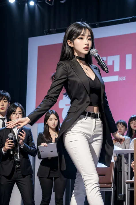 （8k，Highest Quality，masterpiece，practical，Super detailed：1.3），（1 girl，Beautiful Korean girl, Korean pop idol），（Black suit jacket：1.2），（White skinny trousers：1.1），（Serious expression：1.2）discuss，（speech，Handheld Microphone：1.2）（crowd，audience：1.3），Sexy long...