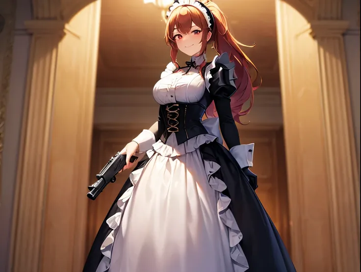 (best quality,4k,8k,highres,masterpiece:1.2),ultra-detailed, (1girl) A cute teenage bodyguard maid with red eyes, drawn in anime style, spiky ginger hair in a long ponytail, victorian fashion, wearing a cute black maid dress with puffy sleeves, corset, tac...