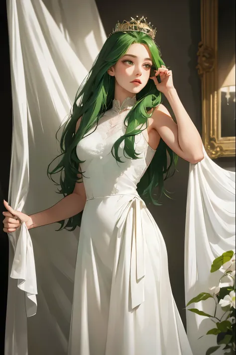 (masterpiece, highest quality), 1 Girl, alone, (Queen:1.15), Green Hair, Long Hair, curtain, White Dress, Queen&#39;s Dress, Aurora, (sunlight, null, river, forest), Expressionless, Red eyes, (Art Nouveau:1.2), Alphonse Mucha, tiara, (Face focus, Upper Bod...