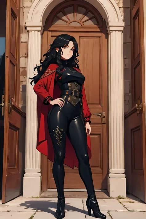 black medium wavy hair 20 year old woman, black and red suit, pretty, medieval princess, legging, in castle, high boots