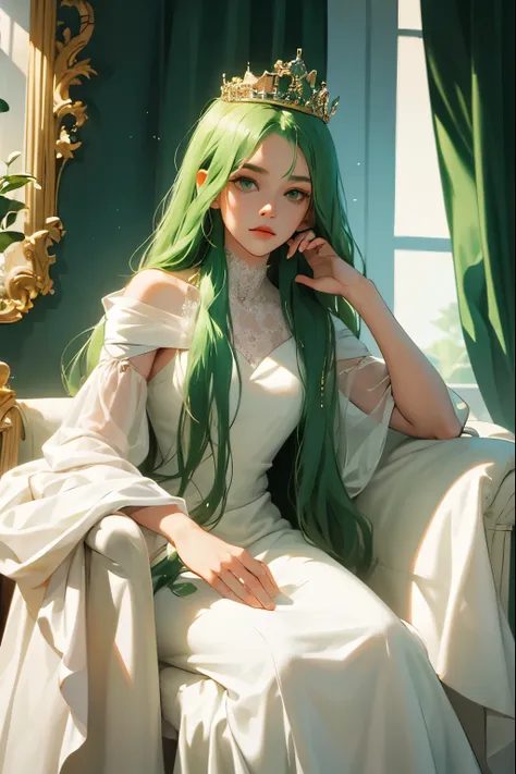 (masterpiece, highest quality), 1 Girl, alone, (Queen:1.15), Green Hair, Long Hair, curtain, White Dress, Queen&#39;s Dress, Aurora, (sunlight, null, river, forest), Expressionless, Red eyes, (Art Nouveau:1.2), Alphonse Mucha, tiara, (Face focus, Upper Bod...