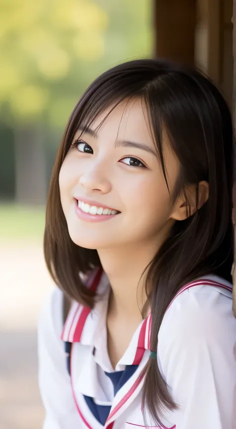 Japanese schoolgirl),((Beautiful girl)),cleavage,the expression imagining what feels good:1.2,(perfect body beauty:1.2),((perfect body)),(shy smile),beautiful teeth,