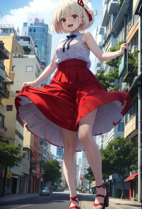 chisatonishikigi, Chisato Nishikigi, short hair, bangs, blonde, (Red eyes:1.5), Hair Ribbon, One side up, Bobcut,happy smile, smile, Open your mouth,
Open your mouth, Red sleeveless dress,Bare arms,Red long skirt,Cute Sandals,whole bodyがイラストに入るように,Walking,...