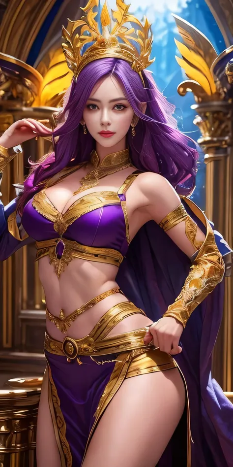 One girl, sword-wielding wizards daughter, bewitching, sexy, erotic, beautiful face, detailed and perfect face, large and even eyes, perfect proportions, huge breasts, thin waist, navel, big buttocks, crotch Gap, sexy thighs, dynamic pose, bright purple ha...