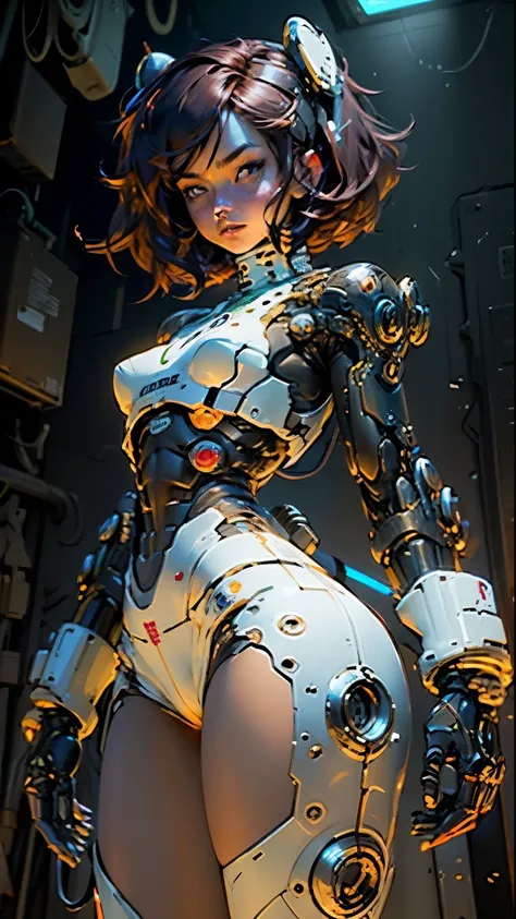 Woman body defined thick thighs cybernetic body parts, short