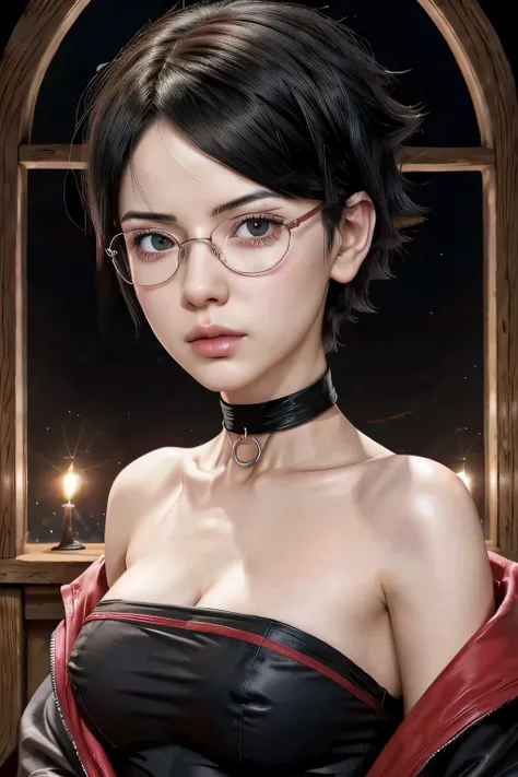 realistic sarada uchiha from boruto: naruto next generations anime movie, red glasses, black choker belt, black hair, short hair...