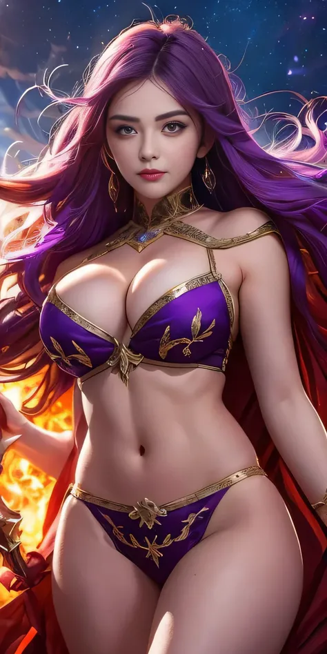 One girl, sword-wielding wizards daughter, bewitching, sexy, erotic, beautiful face, detailed and perfect face, large and even eyes, perfect proportions, huge breasts, thin waist, navel, big buttocks, crotch Gap, sexy thighs, dynamic pose, bright purple ha...