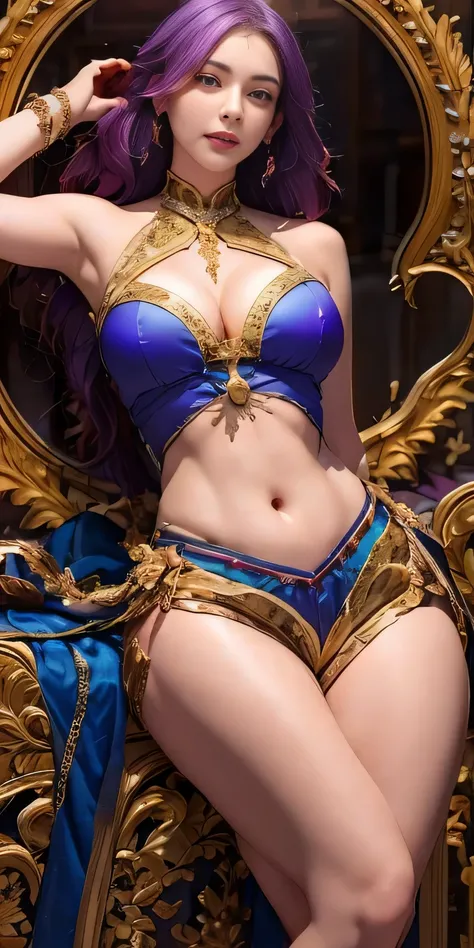 One girl, sword-wielding wizards daughter, bewitching, sexy, erotic, beautiful face, detailed and perfect face, large and even eyes, perfect proportions, huge breasts, thin waist, navel, big buttocks, crotch Gap, sexy thighs, dynamic pose, bright purple ha...