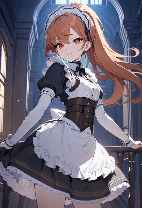 (best quality,4k,8k,highres,masterpiece:1.2),ultra-detailed, (1girl) A cute teenage bodyguard maid with red eyes, drawn in anime style, spiky ginger hair in a long ponytail, victorian fashion, wearing a cute black maid dress with puffy sleeves, corset, tac...