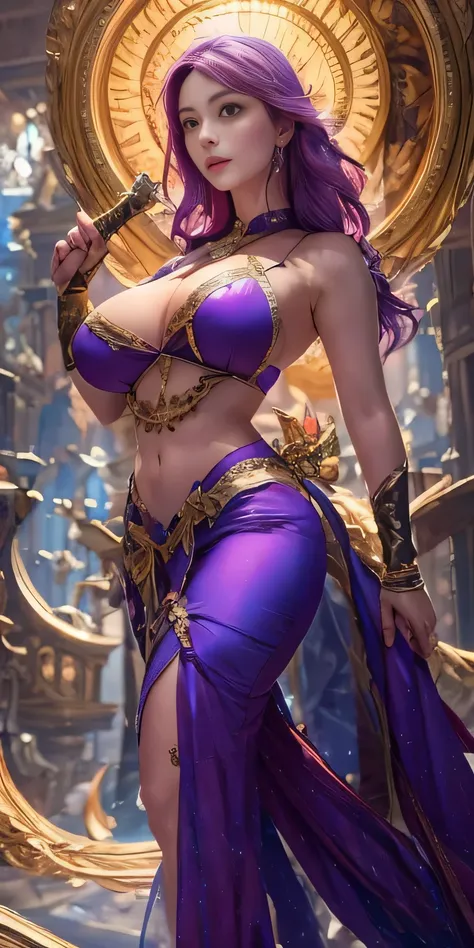 One girl, sword-wielding wizards daughter, bewitching, sexy, erotic, beautiful face, detailed and perfect face, large and even eyes, perfect proportions, huge breasts, thin waist, navel, big buttocks, crotch Gap, sexy thighs, dynamic pose, bright purple ha...