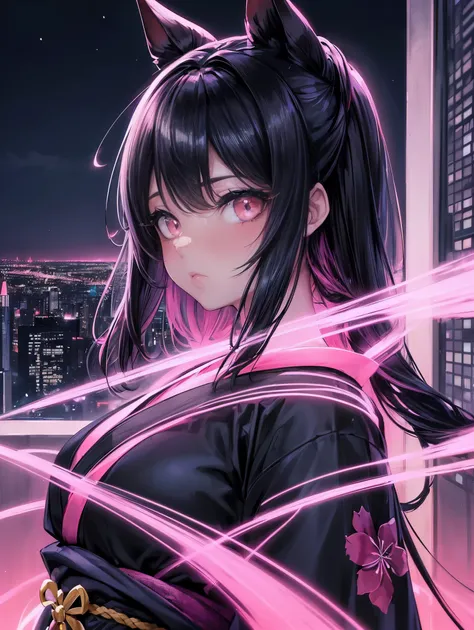 anime, (obra de arte, melhor qualidade, ultra-detalhado, Alto contraste), 1 mulher (sozinho, corpo todo, corpo plus size, standing on the edge of the skyscraper, cabelo prateado, LONGO em um rabo de cavalo, olhos vermelhos, olhos perfeitos brilhos de rubi,...