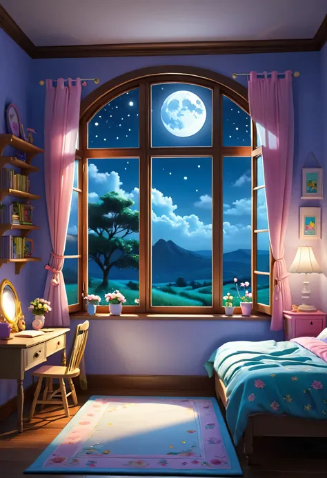 A magical scene with a moonlight shining upon the window of a girls room. Landscape style high quality 