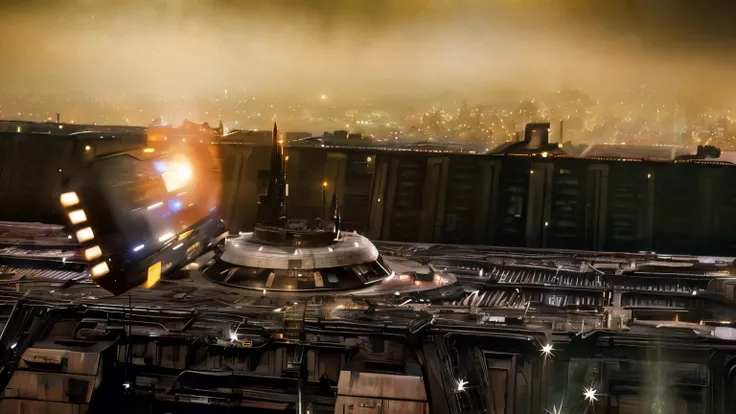 spaceship flying over a city at night with a train passing by, in bladerunner city, an epic scifi movie still, science - fiction matte painting, science fiction matte painting, bladerunner city landscape, blade runner city, alien supercity, blade runner 1 ...