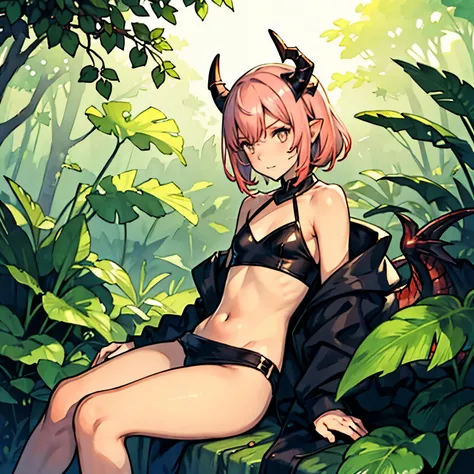 a small male femboy with pink hair dragon horns surrounded and covered by plants in a forest