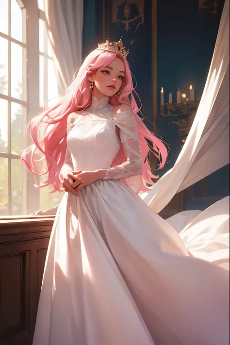 (masterpiece, highest quality), 1 Girl, alone, (Queen:1.15), Pink Hair, Long Hair, curtain, White Dress, Queen&#39;s Dress, Aurora, (sunlight, null, river, forest), Expressionless, Red eyes, (Art Nouveau:1.2), Alphonse Mucha, tiara, (Face focus, Upper Body...