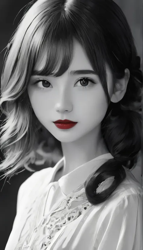 (((Black and white art:1.2、Black and white photography、RAW Photos、Film Grain)))、Beautiful woman、１４years old、Baby Face、Cute Face、Small Nose、((Fuller lips、Attractive red lips:1.3))、Attractive hairstyle、dress、highest quality、High resolution、High resolution、Ci...