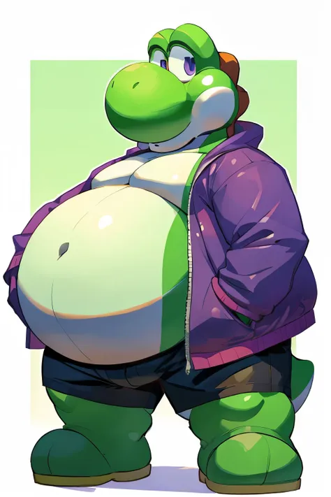 green yoshi from //mario series// menace pose, obese, very very fat,big belly and body, male, anthro,fat,solo, wearing purple cr...