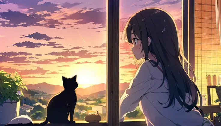 a girl and a cat sitting by the window、silhouette scene looking outside。the scenery outside is dyed in the sunset、beautiful scen...