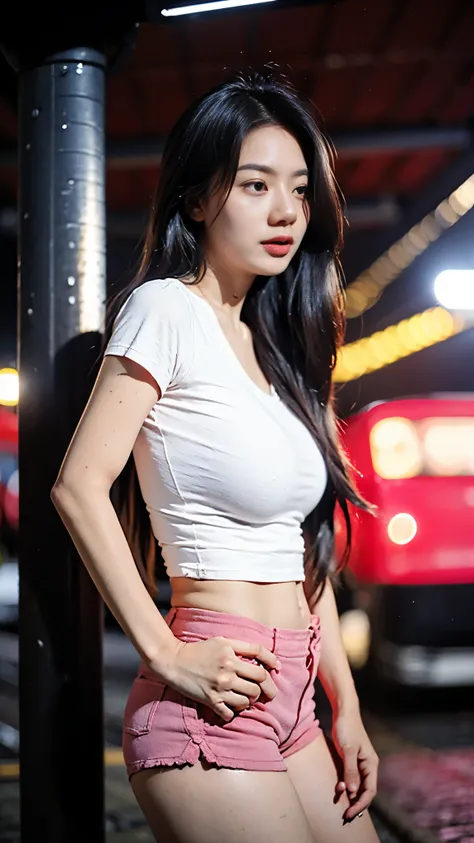 A hot woman, flowy hair, (slender body, saggy breasts, braless), ((casual white tight shirt with o-neck, spandex, loose, short-sleeve), (pink short shorts)), seductive look, sexy pose, in the night, night, night at abandoned train station, ruined floor, r...