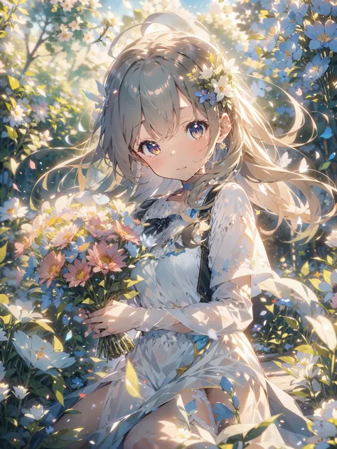 anime,depth of field, cinematic lighting, lens flare, f/1.2,(masterpiece:1.2),(high definition),Flower Field、Girl with a bouquet of flowers、Petals fluttering、Light effects、An emotional photo、Filled with kindness