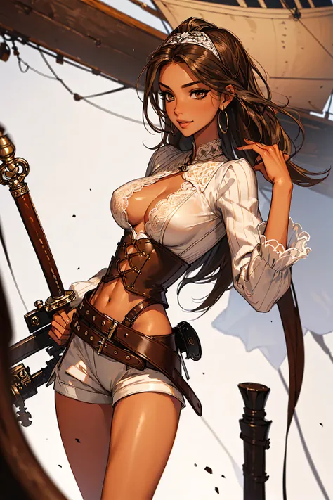 (masterpiece), best quality, expressive eyes, perfect face, (pirate ship background), (standing), (smirk), (closeup view), (1girl, vanessa alessia, dark skin, tanned skin, brown hair, wavy hairstyle, brown eyes, hourglass figure, thin body, skinny body, pe...