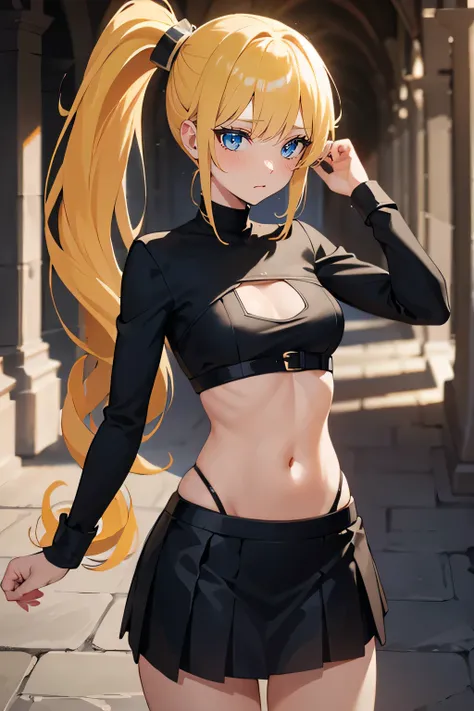 Safe for work, masterpiece, best quality, solo, 1 girl, cowboy shot, (young female body:1.4), ( medium small breasts), golden yellow hair, extra long hair, blunt bangs, crystal blue eyes, very detailed eyes, cathedral hallway background, ponytail, standing...