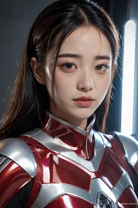 SPD power ranger、realistic、realistic、cinematic lighting, Girl in a shiny red and silver suit、18 years old、professional photos、Don&#39;Do not expose your skin, japanese model, japanese cgi、SPD Suit、, Power Rangers Suit、tight and thin cyber suit,Whole body r...