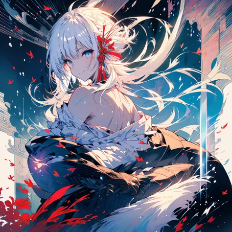 ((fantasy　white hair　long hair　black　one person　lonely　open chest kimono))　((night　japanese style　old　shining aura))　(dance　gras...