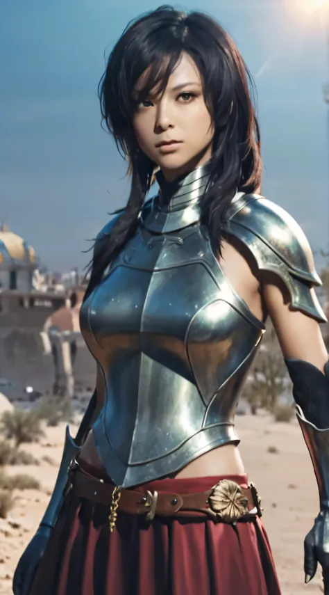 masterpiece, Bokeh, highest quality, Realistic, Ultra-high resolution, 1 mature female, Highly detailed close-up portrait,

Dragonborn full body armor and red plated skirt combination,

Super long straight black hair, Beautiful red eyes, Ultra-detailed arm...