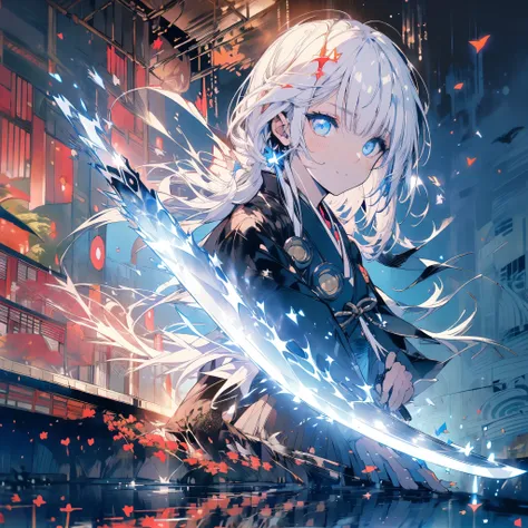 ((Fantasy　White Hair　Long Hair　black　one person　Lonely　blue eyes　Open chest kimono　Baggy kimono))　((night　Japanese style　old　Shining Aura))　(Dance　Japanese sword　Pulling out the sword　samurai　Military commander)　moon　star　Slashing　Catch the wind　print　Tens...