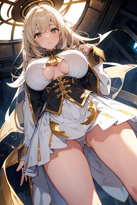 knight。crusader。An illustration。girl。gold。Big Breasts。Fantasy。Exposed。Light clothing。White skin。mini skirt。Big Breasts。Showing her panties。With legs apart。Fresnel。The hair is transparent with light。Thick thighs。Big Ass。Angle from below。Facing forward with ...