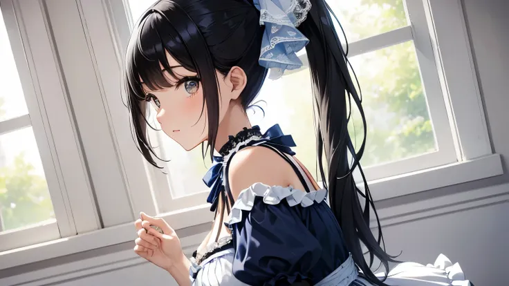 A beautiful woman wearing a blue and white sweet lolita dress with lots of frills and lace　Black hair ponytail with hair ornament　Upper Body　Big Breasts