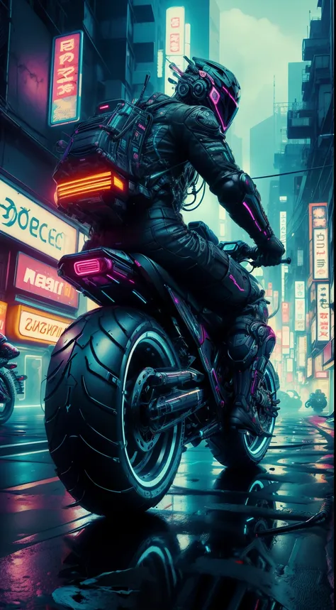 cyberpunkworld scrambler motorbike, colorful, cyberpunk style, neon lights, dark mood, high contrast, (masterpiece:1.3) (best qu...