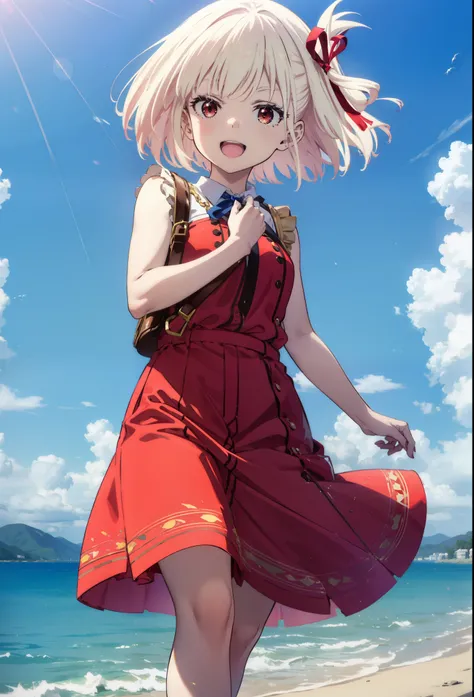 chisatonishikigi, Chisato Nishikigi, short hair, bangs, blonde, (Red eyes:1.5), Hair Ribbon, One side up, Bobcut,happy smile, smile, Open your mouth,
Open your mouth, Red sleeveless dress,Bare arms,Red long skirt,Cute Sandals,whole bodyがイラストに入るように,Walking,...