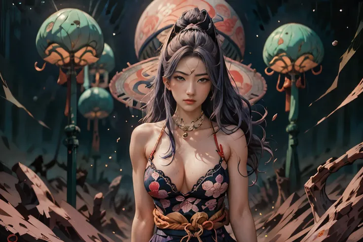 (Ukiyo-e:1.9)、woodblock print、woodblock print、otherscape、SF、Space Opera、(Beautiful woman fighting an alien:1.5)、Purple clouds gather、Detailed face、Beautiful Eyes、Elegant garments、Intricate floral pattern、Delicate skin、Natural light、A calming color palette、...