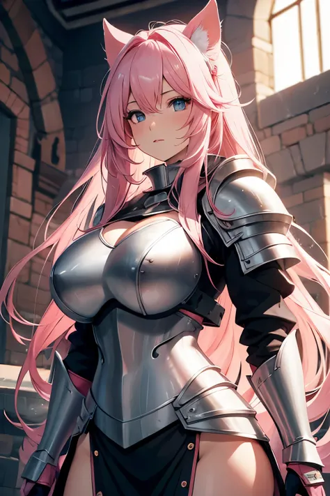 Long pink hair, pig ears, big breasts, girl, knight, shield